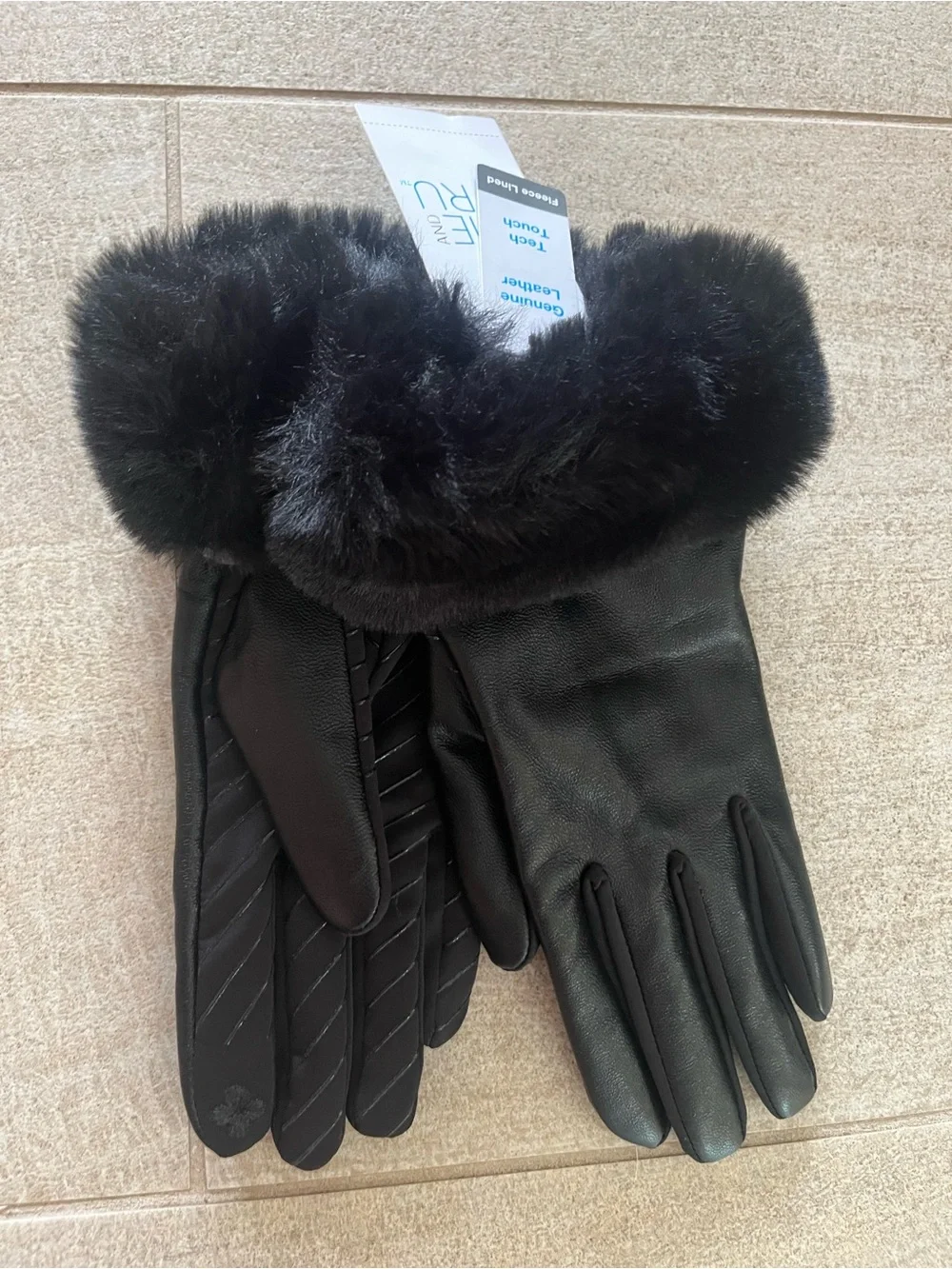 Black Faux Fur Cuff Leather Gloves - Women